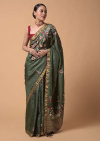 Olive Green Saree In Tussar Silk With Hand Embroidered Floral Motifs Using Thread And French Knots Online - Kalki Fashion