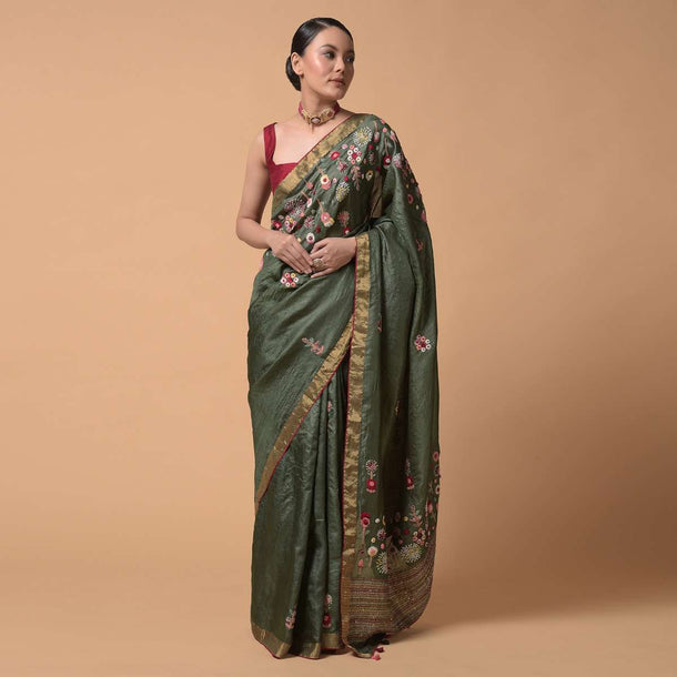 Olive Green Saree In Tussar Silk With Hand Embroidered Floral Motifs Using Thread And French Knots Online - Kalki Fashion