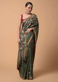 Olive Green Saree In Tussar Silk With Hand Embroidered Floral Motifs Using Thread And French Knots Online - Kalki Fashion