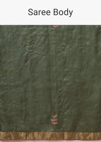 Olive Green Saree In Tussar Silk With Hand Embroidered Floral Motifs Using Thread And French Knots Online - Kalki Fashion