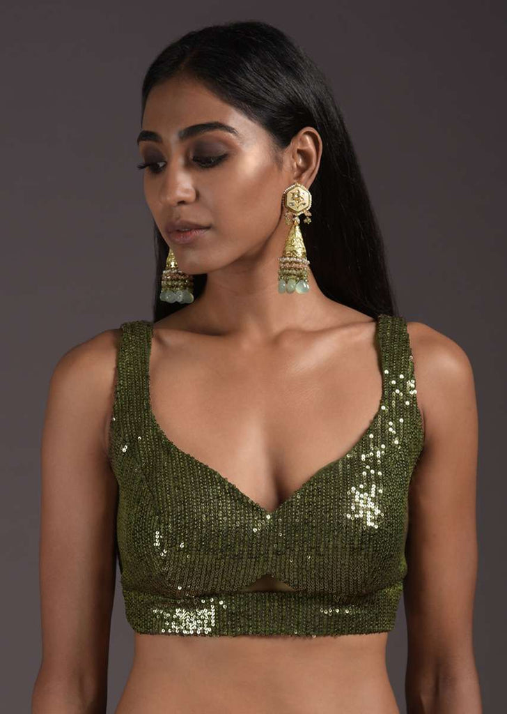 Olive Green Sleeveless Blouse Embellished In Sequins With Cut Outs In The Front And Back