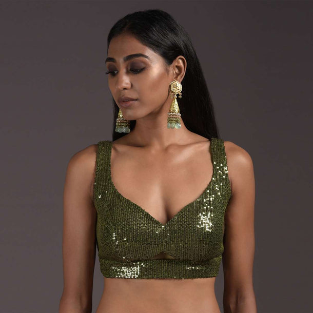 Olive Green Sleeveless Blouse Embellished In Sequins With Cut Outs In The Front And Back