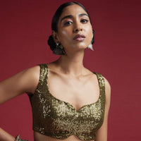 Olive Green Sleeveless Blouse Embellished In Sequins With Notched Neckline