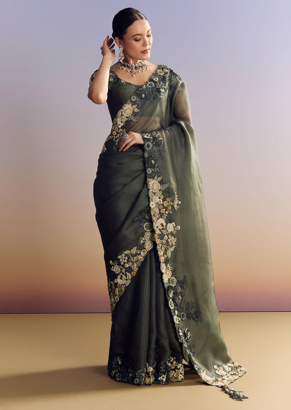 Olive Green Tissue Saree With Cutwork Border And Heavy Embroidery