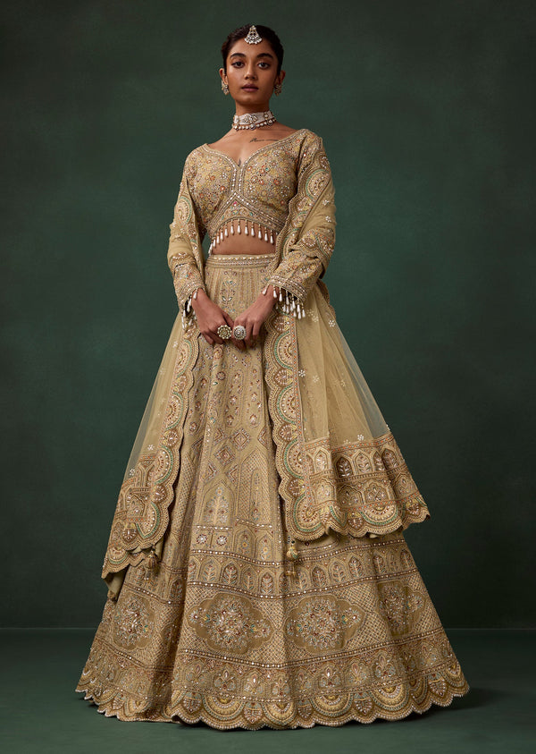 Olive Motif Printed Kali Bridal Lehenga Set with Heavy Embroidery