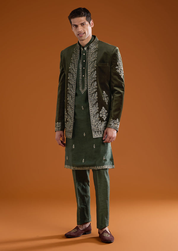 Olive Velvet Jodhpuri Kurta Set with Zardozi Embroidery