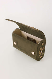 Olive Green Clutch In Suede With Zardosi Embroidered Floral Motifs Online - Kalki Fashion