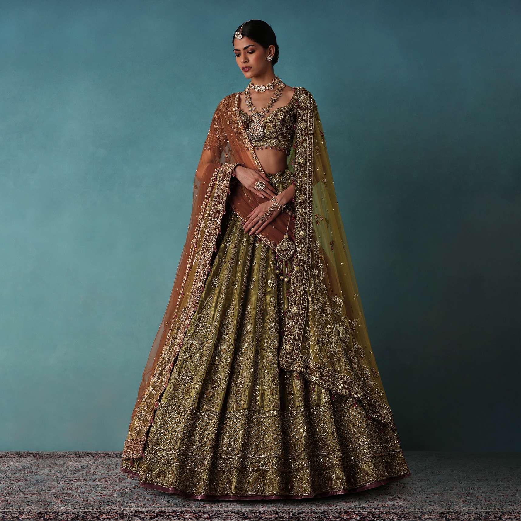 Olive Gold Bridal Lehenga Set Adorned With Sequins And Pearls