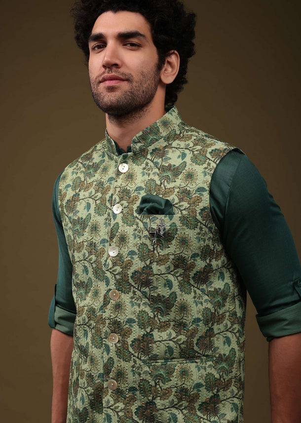 Olive Green Art Silk Jacket Kurta Set With Floral Print