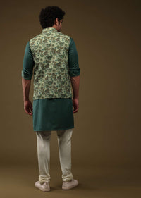 Olive Green Art Silk Jacket Kurta Set With Floral Print