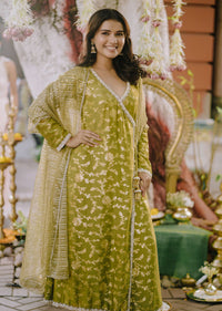 Olive Green Banarasi Silk Kurta Set