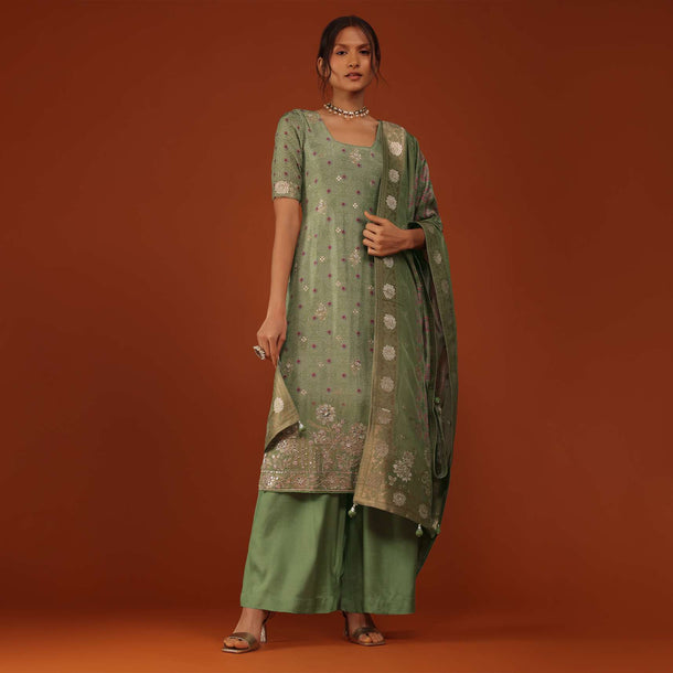 Olive Green Bandhani Printed Kurti And Palazzo Set