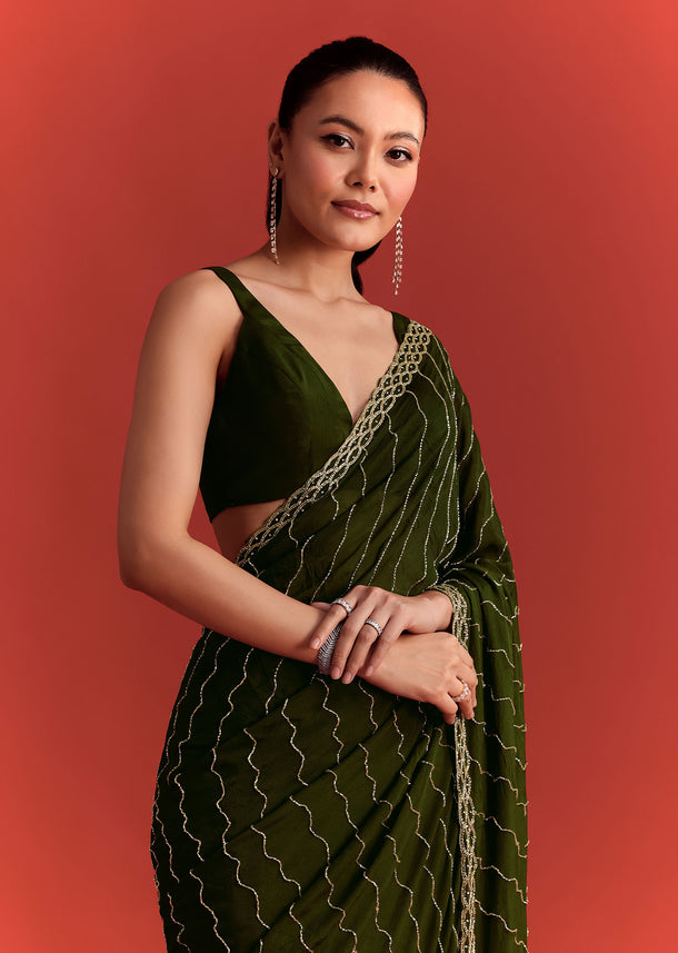 Olive Green Chinnon Saree With Cutdana Work