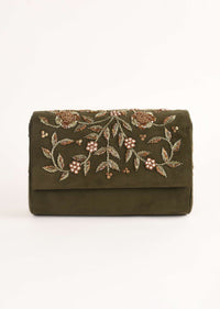 Olive Green Clutch In Suede With Zardosi Embroidered Floral Motifs Online - Kalki Fashion