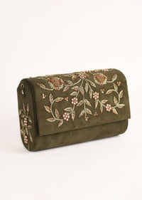 Olive Green Clutch In Suede With Zardosi Embroidered Floral Motifs Online - Kalki Fashion