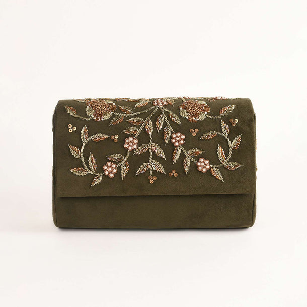 Olive Green Clutch In Suede With Zardosi Embroidered Floral Motifs Online - Kalki Fashion