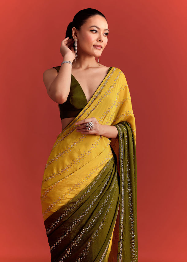 Olive Green Dual Shaded Chinon Saree With Cutdana Work