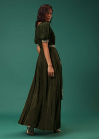 Olive Green Embroidered Jumpsuit in Crepe With Mirror Work