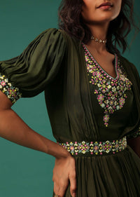 Olive Green Embroidered Jumpsuit in Crepe With Mirror Work