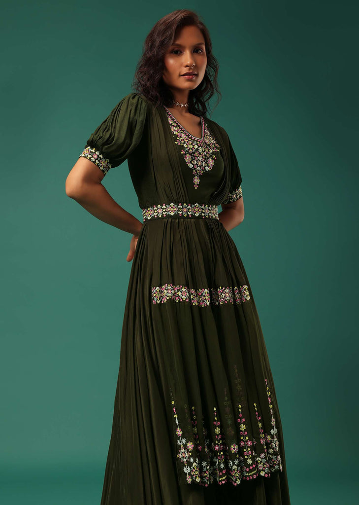 Olive Green Embroidered Jumpsuit in Crepe With Mirror Work