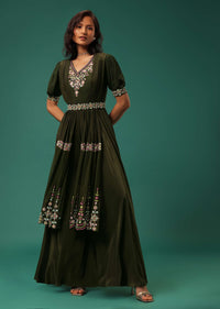 Olive Green Embroidered Jumpsuit in Crepe With Mirror Work
