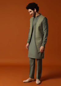 Olive Green Embroidered Kurta Jacket Set For Men