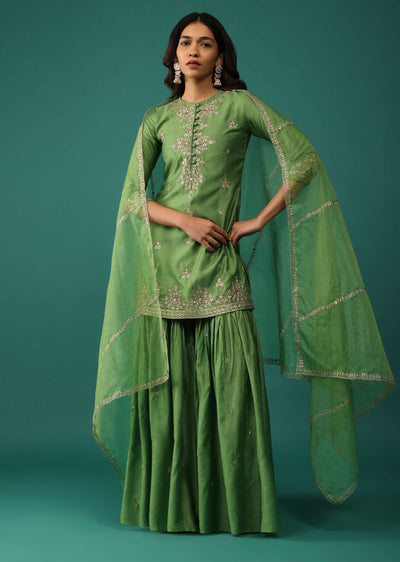 Olive Green Embroidered Kurti And Sharara Set In Chanderi Silk