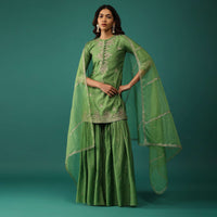 Olive Green Embroidered Kurti And Sharara Set In Chanderi Silk