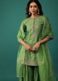 Olive Green Embroidered Kurti And Sharara Set In Chanderi Silk