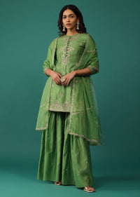 Olive Green Embroidered Kurti And Sharara Set In Chanderi Silk