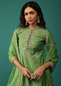 Olive Green Embroidered Kurti And Sharara Set In Chanderi Silk