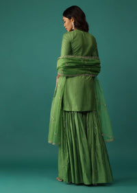 Olive Green Embroidered Kurti And Sharara Set In Chanderi Silk