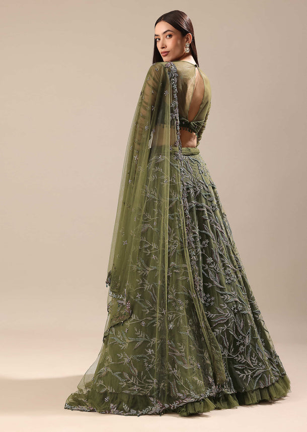 Olive Green Embroidered Lehenga And Blouse With Dupatta