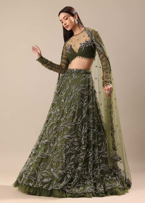 Olive Green Embroidered Lehenga And Blouse With Dupatta