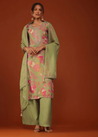 Olive Green Floral Printed Kurti Palazzo Set In Muslin Crepe