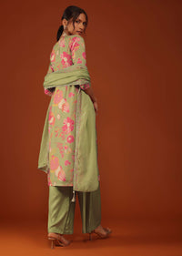 Olive Green Floral Printed Kurti Palazzo Set In Muslin Crepe