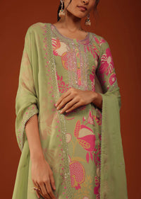 Olive Green Floral Printed Kurti Palazzo Set In Muslin Crepe