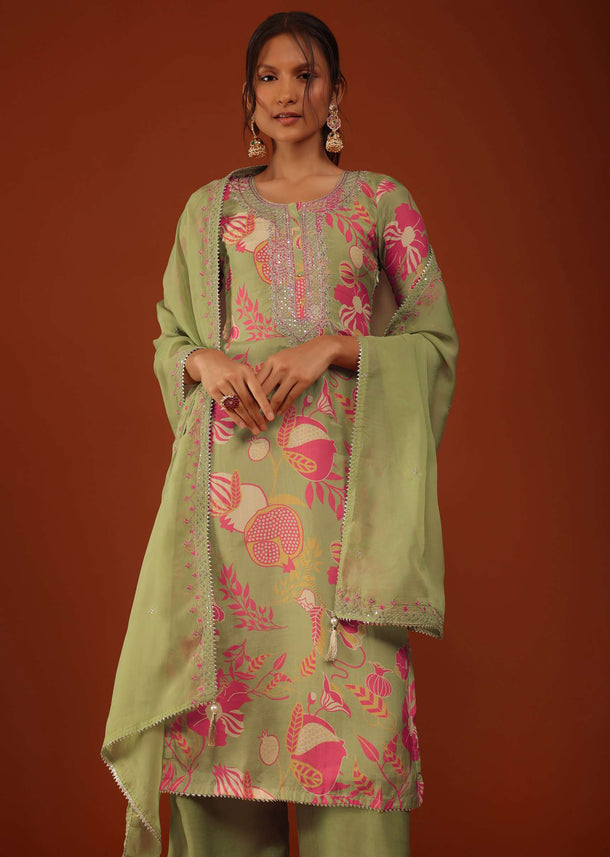 Olive Green Floral Printed Kurti Palazzo Set In Muslin Crepe