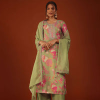 Olive Green Floral Printed Kurti Palazzo Set In Muslin Crepe