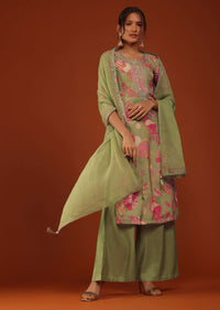 Olive Green Floral Printed Kurti Palazzo Set In Muslin Crepe