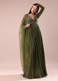 Olive Green Hand Embroidered Crepe Full Anarkali Suit