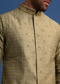 Olive Green Kurta Jacket Set With Hand Work For Men
