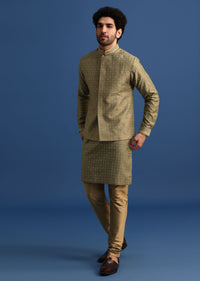 Olive Green Kurta Jacket Set With Hand Work For Men