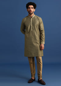 Olive Green Kurta Jacket Set With Hand Work For Men