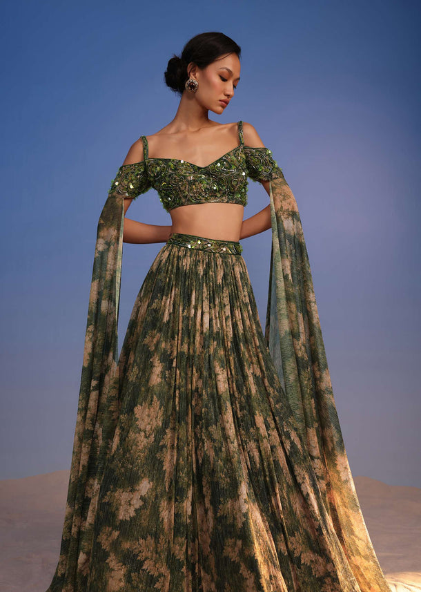 Olive Green Lehenga Set In Crush With Floral Print And Embroidered Blouse