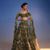 Olive Green Lehenga Set In Crush With Floral Print And Embroidered Blouse