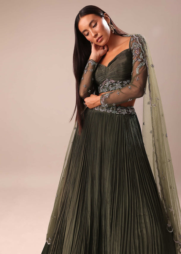 Olive Green Lehenga With Embroidered Blouse And Dupatta