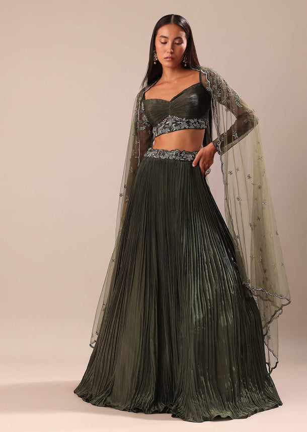 Olive Green Lehenga With Embroidered Blouse And Dupatta