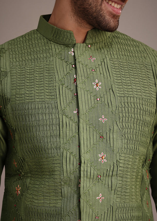 Olive Green Mirror Embroidered Kurta Jacket Set
