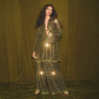 Olive Green Sequins Palazzo Suit With An Oversized Kurta With Plunging Neckline